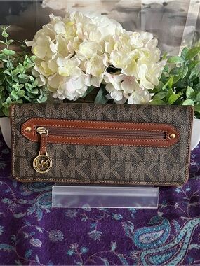 Michael Kors Brown and Tan MK Logo Continental Wallet with Gold Charm